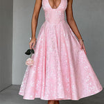 Margovil Halter V Neck Waisted Jacquard Swing Midi Party Dress