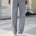 Men's Casual Cotton and Linen Striped Elastic Beach Pants