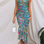 Margovil Mesh Overlay Ruched Floral Bodycon Midi Cami Dress