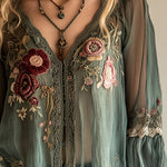 Bohemian Vintage Green Embroidered Shirt