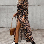 Vacation Loose Long Sleeves Split-Side Leopard V-Neck Midi Dresses