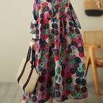 Long Sleeves Loose Flower Print Pockets Split-Joint Round-Neck Midi Dresses
