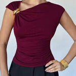 Metal Buckle Asymmetrical Ruched Sleeveless Top