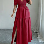 Half Sleeves High Waisted Pleated Solid Color Split-Front V-Neck Maxi Dresses