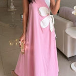 Solid Color Round Neck Floral Maxi Dress