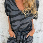 Zebra Print V-neck Short-sleeved Lace-up Top and Elastic Waist Pocket Straight-leg Pants Set
