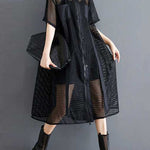 Half Sleeves Loose Hollow Solid Color Split-Joint Zipper Lapel Midi Dresses Shirt Dress