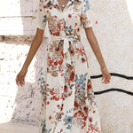 A-Line Loose Buttoned Flower Print Tied Waist Lapel Midi Dresses