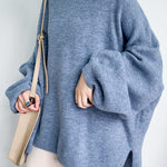 Stretch Mohair-Blend Balloon Sleeves Loose Solid Round-Neck Sweater Tops