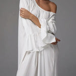 A-Line Flared Sleeves Pleated Solid Color Split-Joint Round-Neck Maxi Dresses