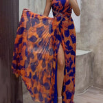 Sleeveless Leopard Pleated Split-Side One-Shoulder Evening Maxi Dresses