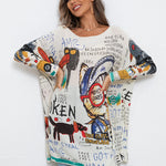 Casual Long Sleeves Loose Cartoon Printed Contrast Color Round-Neck Sweater Tops