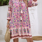 A-Line Loose Contrast Color Drawstring Flower Print Pleated Split-Joint V-Neck Mini Dresses