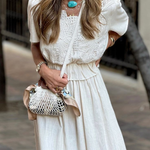 White Waisted Mid-length Sleeve Top and Loose Long Skirt Two-piece Set