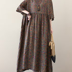 Vacation Loose Half Sleeves Floral Printed Pleated Round-Neck Midi Dresses
