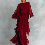 Women's Burgundy Chiffon Fabric Bell-Sleeve Maxi Dress With Layered Ruffled Skirt