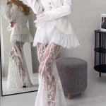 Queen Time Court-style Lace High Rise Elastic Waist Flare Maxi Skirt