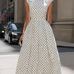 Vintage Polka Dot Mock Neck Cap-Sleeve Midi Dress