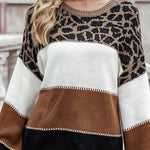 Leopard print color-blocked crew neck sweater