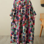 Long Sleeves Loose Flower Print Pockets Split-Joint Round-Neck Midi Dresses