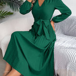 High Waisted Long Sleeves Belted Buttoned Pleated Solid Color V-Neck Maxi Dresses