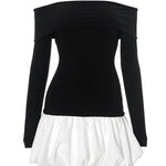 High Waisted Long Sleeves Contrast Color Pleated Split-Joint Off-The-Shoulder Mini Dresses