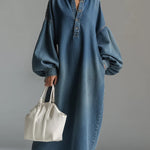 Long Sleeves Loose Buttoned Pockets Solid Color V-Neck Maxi Dresses
