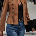 Stand Collar Open Front Button Decor Jacket