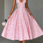 Margovil Halter V Neck Waisted Jacquard Swing Midi Party Dress