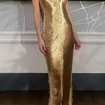 Margovil Chicest Halter Draped Fringe Maxi Party Dress