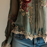 Bohemian Vintage Green Embroidered Shirt
