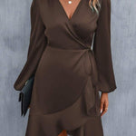 High Waisted High-Low Elasticity Pleated Solid Color Split-Joint Tied V-Neck Mini Dresses