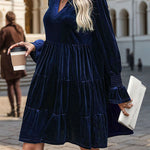 A-Line Long Sleeves Pleated Solid Color Velvet V-Neck Mini Dresses