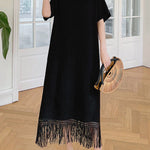 Loose Short Sleeves Solid Color Split-Joint Tasseled V-Neck Midi Dresses