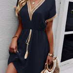 A-Line Elasticated Waist Contrast Color Drawstring Hollow Split-Joint Tasseled Tied V-Neck Mini Dresses