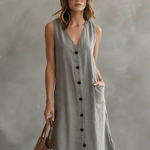 Women's Elegant Gray Woven V-neck Sleeveless Maxi Dress