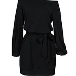 Long Sleeves Loose Elasticity Solid Color Tied Waist One-Shoulder Mini Dresses