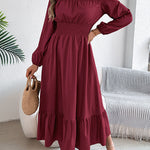 A-Line Elasticated Waist Pleated Solid Color Round-Neck Maxi Dresses