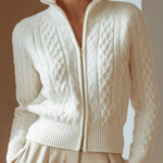 White Cable-Knit Zip Cardigan