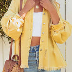 Distressed Raw Hem Denim Jacket with Chest Pockets