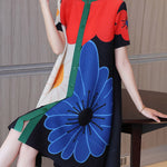 A-Line Loose Buttoned Flower Print Pleated Round-Neck Midi Dresses