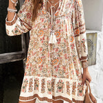 A-Line Loose Contrast Color Drawstring Flower Print Pleated Split-Joint V-Neck Mini Dresses