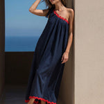 A-Line Loose Pleated Pockets Split-Joint Tied One-Shoulder Maxi Dresses