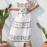A-Line Half Sleeves Buttoned Tied Waist Lapel Midi Dresses