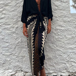 Astra Ethnic Print High Waist Ruched Wrap Maxi Skirt