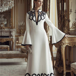 A-Line Flared Sleeves Abstract Printed Contrast Color Hollow Line Split-Joint Stand Collar Maxi Dresses