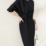 Stylish Irregularity Loose Pleated Solid Color Round-Neck Midi Dresses