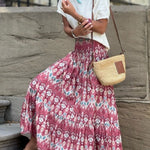 Resort Style Unique Print Pleated Elastic Waist Maxi Skirt