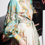 Unique Print Balloon Sleeve Belt Shirt Midi Dress