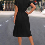 A-Line High Waisted Buttoned Solid Color Tied Waist Lapel Collar Midi Dresses Shirt Dress